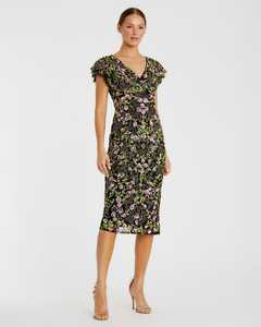 Sequined Beaded Crystal Pattern V-Neck Half Sleeve Casual Sheath Dress Full Length Poly Mesh Fabric Straight for Cocktail - Product Image 5