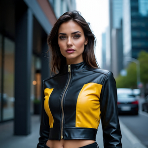 Chaquetas de PU Abrigos recortados de cuero de retales de color contrastante Trajes con cremallera Chaqueta de invierno Mujer | Chaqueta corta de cuero para mujer - Product Image 3