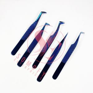 Pinzas profesionales de Extensión de pestañas de acero inoxidable recto de 90 grados L Etiqueta privada Punta de fibra azul Volumen de pestañas - Product Image 5