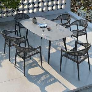 Moderno Juego de Comedor para Exterior de 7 Piezas con Mesa Rectangular, Sillas de Cuerda Tejida y Estructura de Aluminio Resistente a la Intemperie para Uso en Hoteles y Jardines - Product Image 2