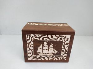 Wooden Urn <b>For</b> Human Urn <b>Ashes</b> Storage <b>Box</b> Boat Engraved Border Carved White Antique Design Keepsake Cremation Urn Best Gifting - Product Image 3