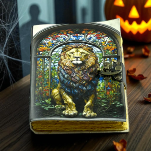 Journal en cuir grand format imprimé Lion Roi, fait main vintage, Grimoire, avec motifs animaliers et floraux, papier à bords festonnés antique, couverture rigide - Product Image 2