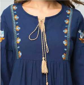 2022 dernière robe mexicaine pour les femmes décontracté col rond manches 3/4 brodé à la main motif solide Style doux robe de soirée - Product Image 1