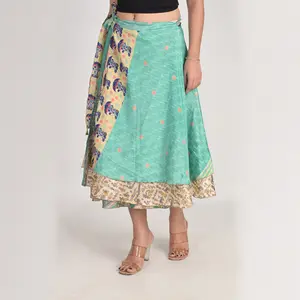 Indische 2-Schichten gedruckte neue Kunst Seide Sari recycelte lange magische Wickel um Röcke