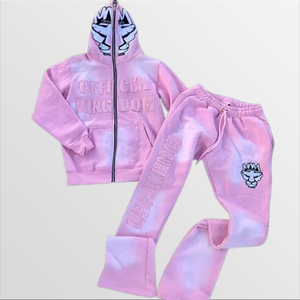 Ensemble de survêtement 2 pièces pour homme en coton, style streetwear imprimé hiver, broderie vieillie, ourlet brut, coupe évasée, sweat à capuche et pantalon de jogging - Product Image 2