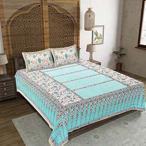 Turquoise Blue <b>Floral</b> Print 240 TC 100% Cotton Double <b>Bed</b> <b>Sheet</b> Set with 2 Pillow Covers 3-Piece Home Use Collection (SHKV1031) - Product Image 1