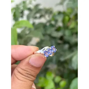 Bague pour homme en argent 925 avec tanzanite géométrique et diamant taille ovale, sertie en vermeil plaqué rhodium, pour fiançailles - Product Image 2