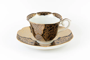 ถ้วยชาและจานรองสีดำทำจากผ้าลายลูกพีชสีทองของขวัญพอร์ซเลนแบบดั้งเดิมหรูหราสไตล์ญี่ปุ่นจำนวนมาก - Product Image 2