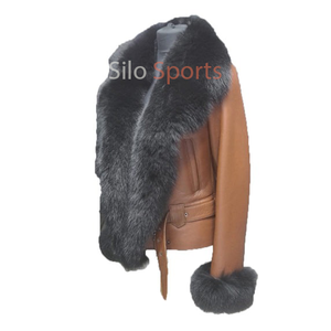 La mejor chaqueta Bomber de cuero marrón genuino Premium para mujer, cuello de piel de zorro, patrón sólido, cremallera transpirable, MOQ bajo, calefacción de invierno - Product Image 4