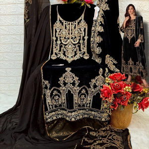 Elegant Velvet Embroidered Shalwar Kameez Set for Adults Pakistani Style Jacquard Bottom with Chinon Dupatta Special Occasions - Product Image 1