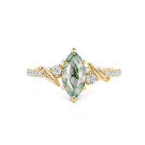Jeulia Rhodium-Plated Gold Leaf Marquise <b>Moss</b> <b>Agate</b> Claw Inlay <b>Ring</b> for Women - Product Image 1