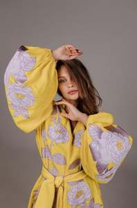 Vestido con cuello en V de lino Floral bohemio ucraniano para mujer, manga larga bordada étnica amarilla, espalda de otoño transpirable Natural - Product Image 6