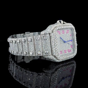 Montre de luxe entièrement sertie de diamants en moissanite taille ronde avec des chiffres romains classiques roses, montre en diamant, cadeau pour les filles - Product Image 3