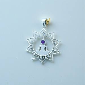 Pendentifs en améthyste violette, design bouddhiste, pendentif en argent sterling 925 massif avec pierre précieuse ronde, bijoux - Product Image 2