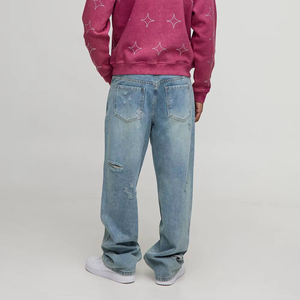 กางเกงยีนส์เดนิมทรงแบ็กกี้ผู้ชาย สไตล์ใหม่ ผ้าฝ้าย/สแปนเด็กซ์ ล้างสีแบบสโตนวอช แต่งคริสตัลหลากสี ผลิตตามสั่งจากโรงงาน - Product Image 1