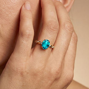 Bague de mariage en or massif 18 carats plaqué rhodium avec tourmaline Paraiba de culture et diamants véritables, classique et délicate, pierre de naissance, ODM - Product Image 2