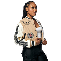 Blouson Bomber Court Personnalisé pour Femme, Style Universitaire, avec Broderie de Patchs, en Tissu Tricoté en Laine, Motif Imprimé – Marron Clair et Blanc, Hiver, Coton