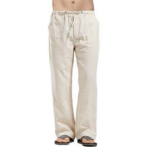Pantalon décontracté pour homme en coton et lin, couleur unie, léger, ample, droit, multi-poches, style cargo, taille mi-haute, devant plat - Product Image 1