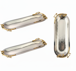 Nouveauté Plateau à chocolat en acier inoxydable avec motif de feuille Poignées dorées à prix raisonnable en accents arabes - Product Image 1