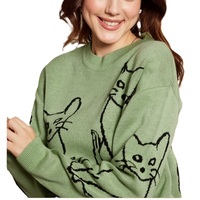 Pull col rond femme automne/hiver 2026, imprimé chat mignon, boutonné, coupe ample, style décontracté et élégant, chaud, 100 % acrylique