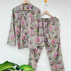 Pijama de Algodón Popelina 100% Hecho a Mano en India, Estampado Floral Elegante, Ropa de Dormir Informal de Lujo para Primavera, Verano y Otoño, ODM - Product Image 1