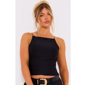 Alta calidad personalizada negro Slinky Strappy hombro superior estilo de fiesta informal con logotipo en la parte posterior fabricado a precio al por mayor - Product Image 4