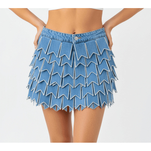 Fabricante y Exportador de Minifaldas Vaqueras con Adornos en Capas, Falda con Tachuelas de Moda - Product Image 1