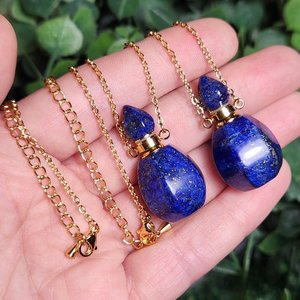 Bouteille de parfum en lapis-lazuli, pendentif en pierre précieuse pour huile essentielle en argent sterling 925 plaqué or 18 carats, certifié IGI, bijoux de mariage - Product Image 3