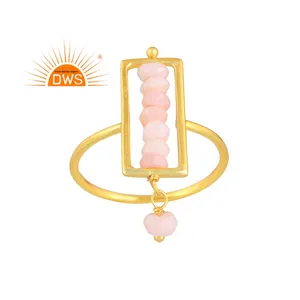 Hot Selling Sterling Silver 18K Gold Plated Natural Beaded Pink Opal Gemstone Stackable Ring