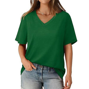 Femmes été décontracté couleur verte vente en gros à manches courtes T-Shirts broderie décoration respirant toile col en v Style - Product Image 5