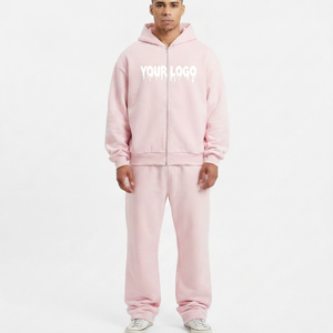 Men's <b>Pink</b> Hooded Tracksuit Set Full Length <b>Sweatshirt</b> Sweatpants Solid Color Casual Autumn Wear 100% Cotton Regular Fit - Product Image 1