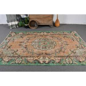 Tapis Oriental Beige Vert Laine 5.4X8.8 ft Vintage Turc Design Patchwork Rayé Rectangle pour Salon Couloir Nouveau - Product Image 2