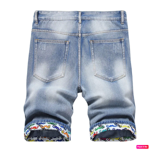 SENSEL SPORTS Short en jean déchiré pour homme, avec trous, bords imprimés colorés, taille mi-haute, cinq poches, style décontracté, séchage rapide - Product Image 2