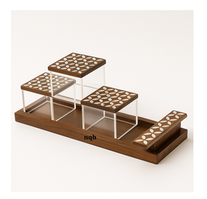 Ensemble de plateaux ronds en bois d'acacia de luxe avec couvercle - Boîte de rangement et décorative en bois gravé à la main - Cadeau du Ramadan - Product Image 1