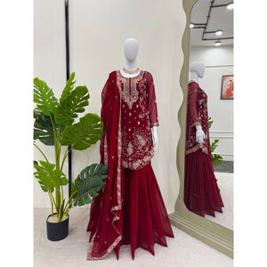 Belle traditionnelle indienne pakistanaise fausse Georgette Kurti Shalwar Kameez ensemble moderne élégant vêtements prêt à porter nouveau vente en gros - Product Image 4