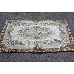 Alfombra de lana turca Vintage Floral marrón Beige clásica 3,7X6,8 pies hecho a mano Patchwork rectángulo diseño látex respaldo para cabecera - Product Image 3