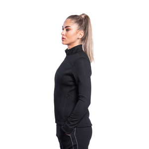 Women Black Full Sleeve Stand Collar Zipper Jacket Solid Color Quick Dry Fitness Wear Regular Fit All Seasons Spandex Polyester - Product Image 3
