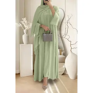 Ensemble assorti Abaya en tissu mousseline respirant à manches longues, cardigan et robe longue unie, pour toutes les saisons - Product Image 6