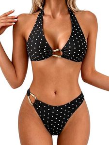 Ensemble de bikini push-up noir uni pour femme avec détail anneau métallique, maillot de bain deux pièces avec short - Product Image 1