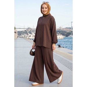 Conjunto de Dos Piezas para Mujer, Túnica con Cierre y Adornos de Piedras y Pantalones, Estilo Casual y Formal, Dos Longitudes, Talla XS - Product Image 1