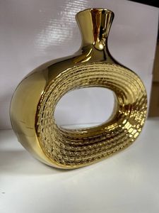 Modern Gold Metal Oval Vase | Abstract Hollow Donut Flower Pot | Luxury Brass Electroplated <b>Table</b> Centerpiece Home Decor - Product Image 2