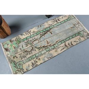 Alfombra turca vintage de 2x4 pies, verde, beige, seda de bambú hecha a mano, área grande, patrón de pasillo rectangular para sala de estar - Product Image 2