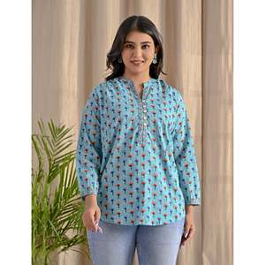 Blusa Azul Butti de Algodón con Botones Delanteros, Estampado Floral, Logotipo Bordado, Cuello con Volantes, Corte Holgado para Mujer, Talla XL, Estilo Coreano - Product Image 1