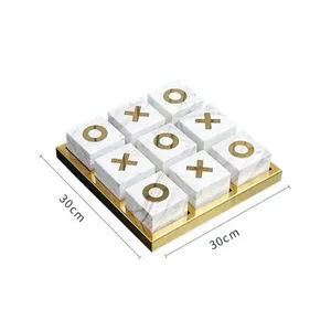 Juego de Tic-Tac-Toe de mármol de lujo con tira de metal, tablero de mármol con tacto dorado con XO de mármol para decoraciones y juegos del Hogar Infantil - Product Image 4