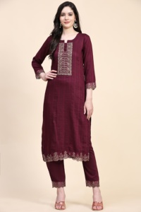 Ensemble de salwar kameez pour femmes Trendmalls, broderie ethnique, coton et rayonne, kurta, pantalon, dupatta (G148-violet) pour mariage, toutes saisons - Product Image 3