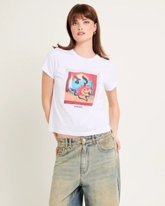 T-shirt pour femme, coupe ample, été, écologique, imprimé, motif avant, col côtelé, streetwear - Product Image 6