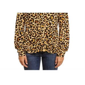 Camicia in maglia di chiffon satinato con arricciatura frontale a filo singolo, stampa floreale leopardata vintage, taglia XL, formale vintage per primavera autunno - Product Image 6