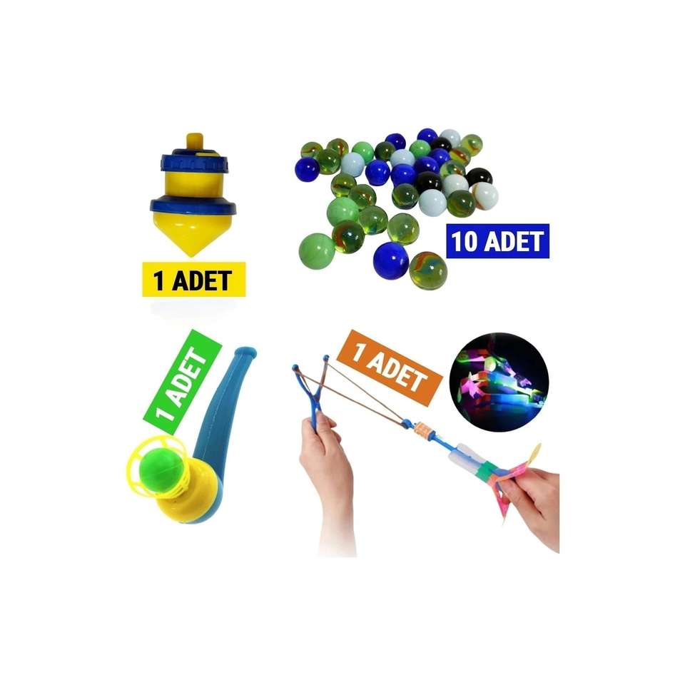 Nostalgia Educational Toys -10 Marbles -1 Plastic Spinning Top -1 Saxophone Blown Ball -1 Lighted Slingshot