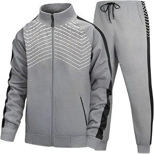 Survêtement gris à imprimé géométrique pour homme, veste à fermeture éclair intégrale avec poches latérales et pantalon assorti, tenue sportive d'automne, coupe régulière - Product Image 1