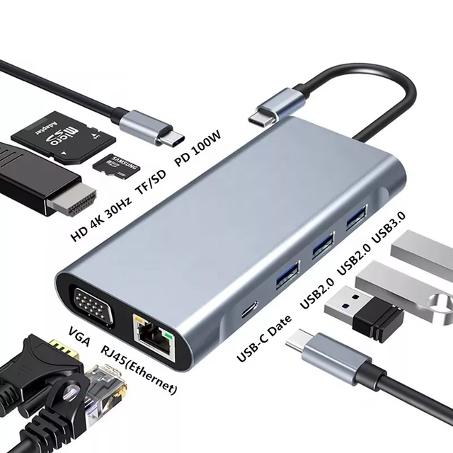 11 in 1 Hub Type C to HDMI VGA Adapter RJ45 Lan Ethernet SD TF PD USB3.0 3.5mm Jack Audio Video USB c Hub